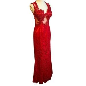Swing Red Floral Lace Illusion Prom Gown Size 6
